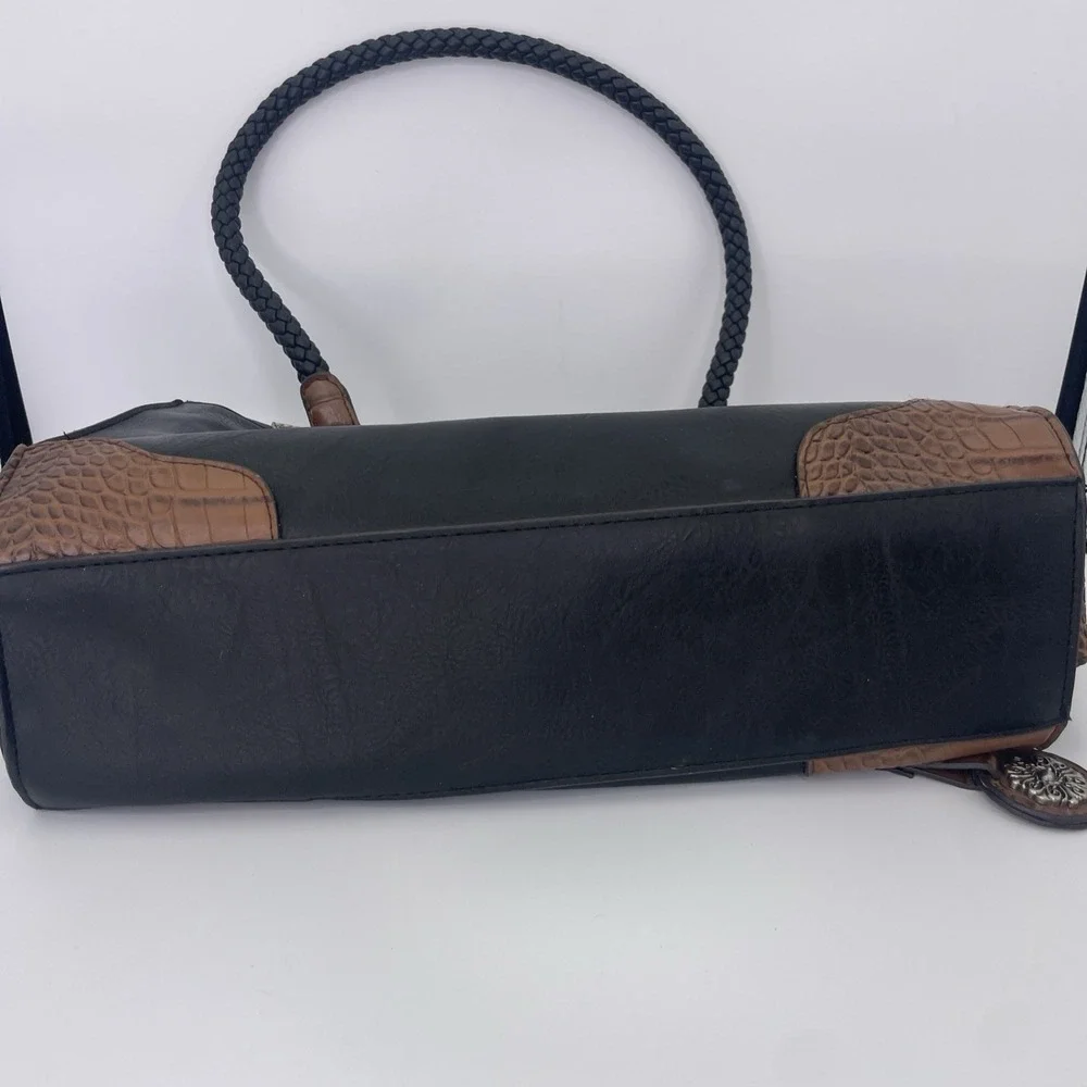 Bueno Black Croc Embossed Faux Leather Shoulder Bag Braid Handle Mixed Media